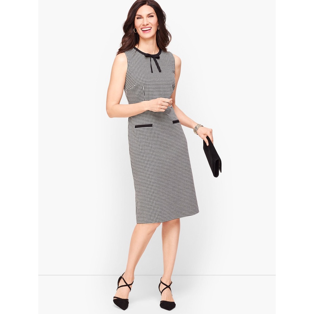 Talbots Womens Size 16 Houndstooth Sleeveless Sheath Dress Black White Bow